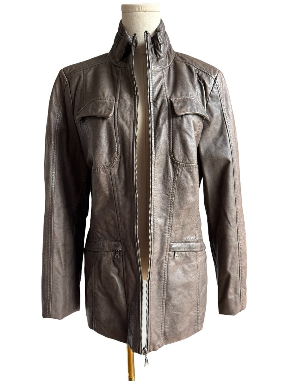 Danier Edgy Patina Leather Jacket Womens M Brown Grey Biker Moto Distressed Cool